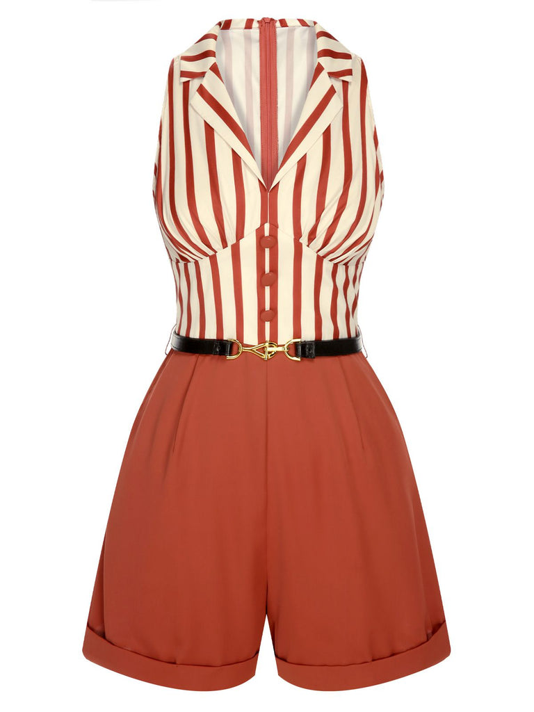 Brick Red 1940s Striped Lapel Romper