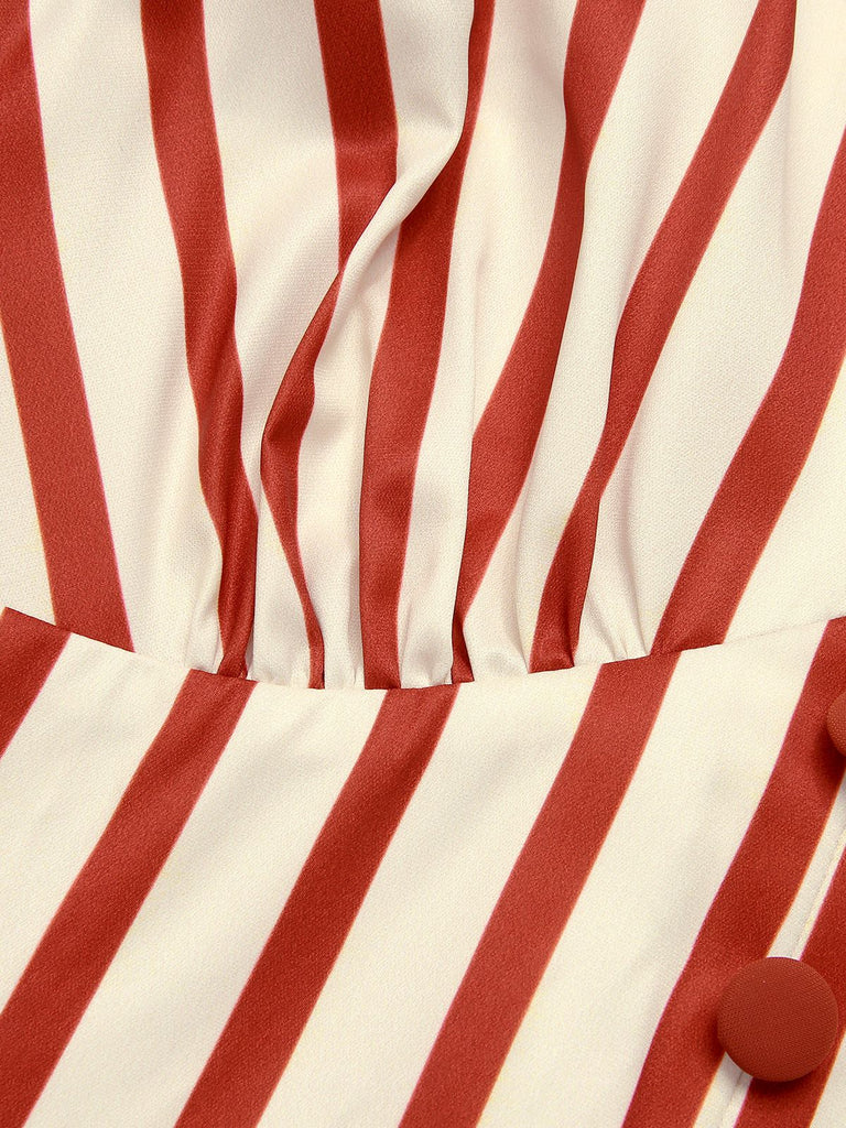 Brick Red 1940s Striped Lapel Romper