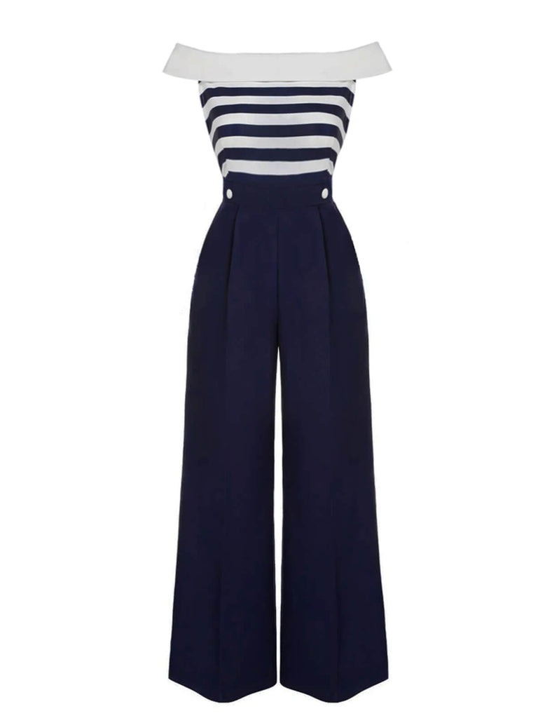 Blue and white striped jumpsuit off the shoulder on sale