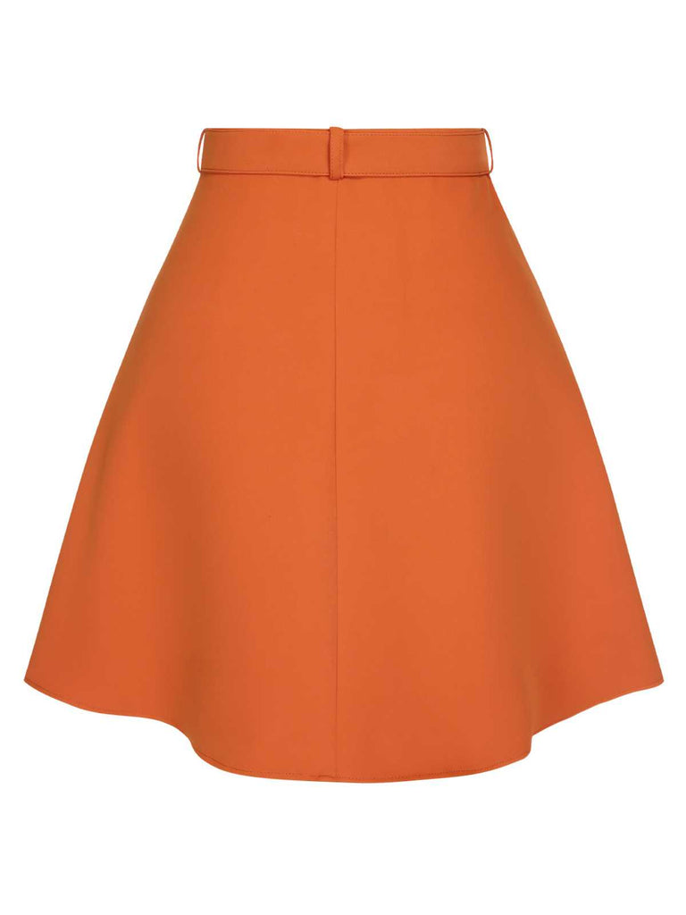 [Pre-Sale] Orange Red 1960s Button Solid Belted Skirt