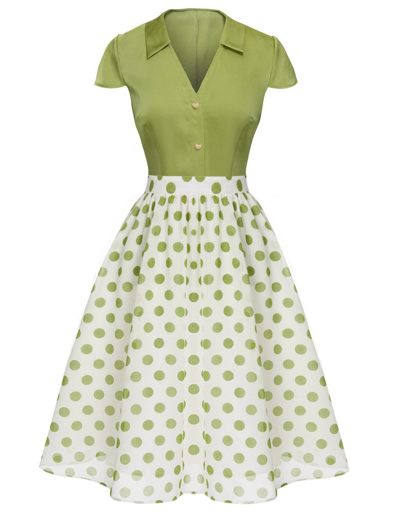 2PCS Green 1940s Buttons Shirt & Polka Dots Skirt