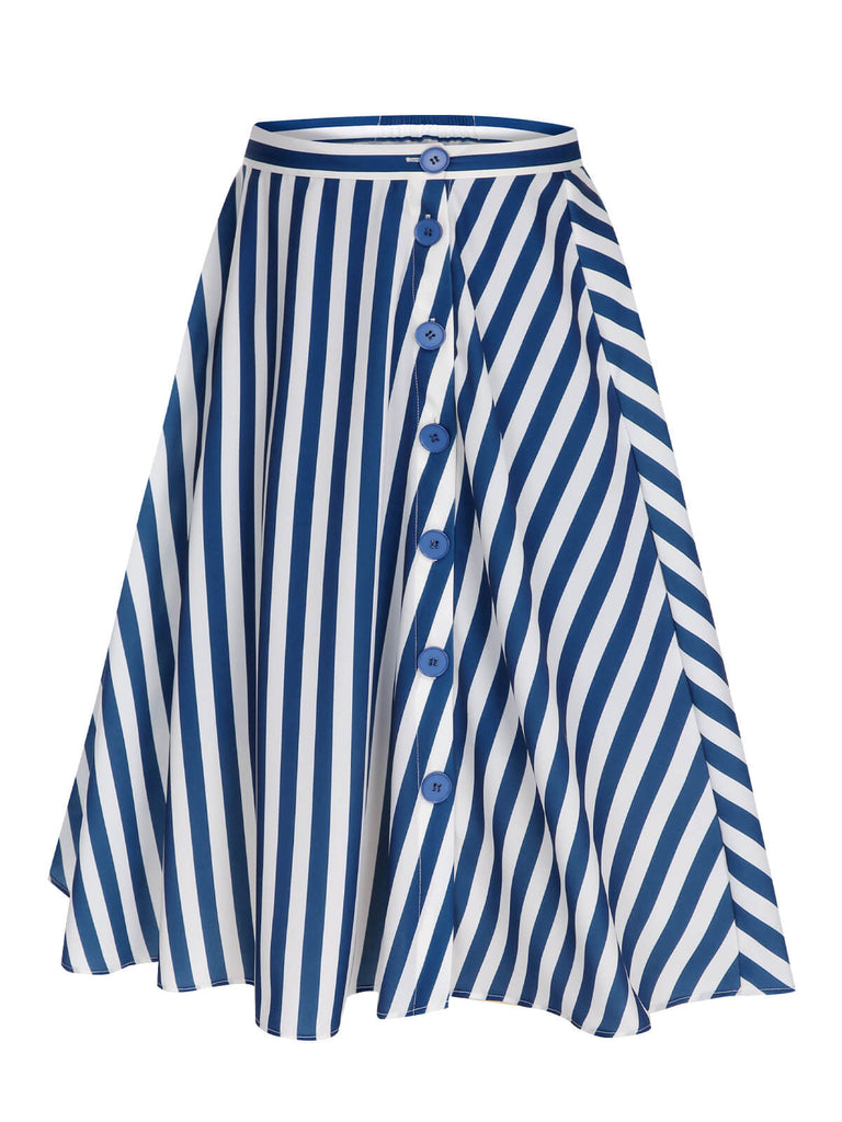 Blue 1940s Stripe Buttoned A-Line Skirt