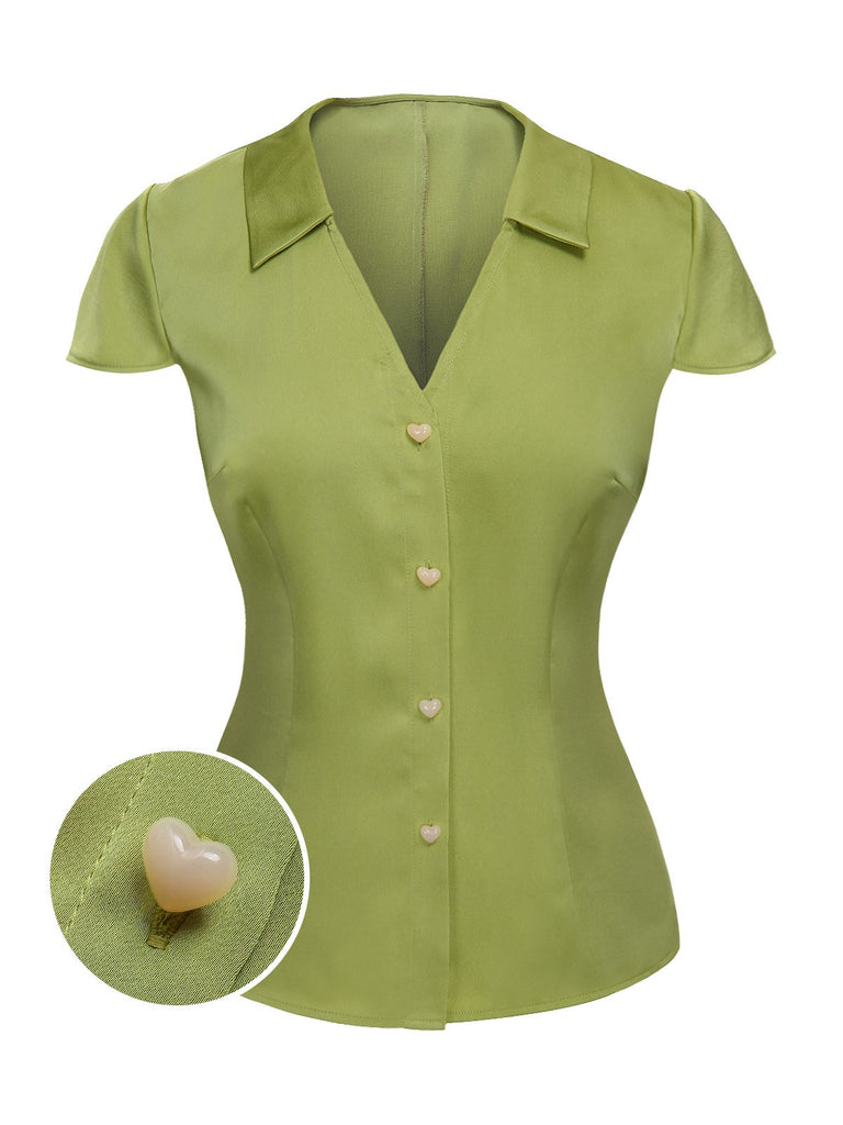 Green 1940s Satin V-Neck Buttons Shirt