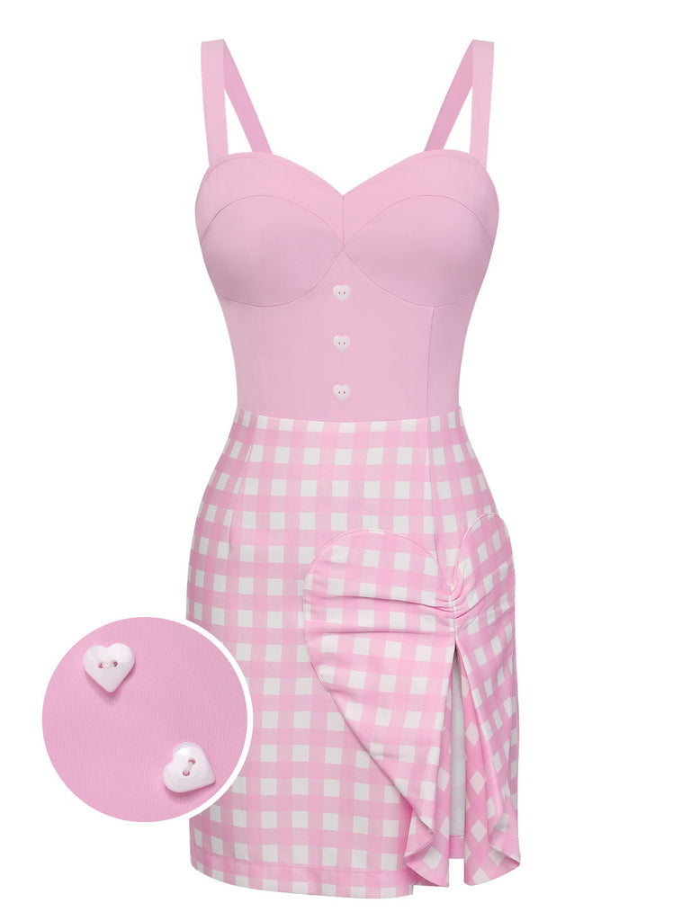 Pink 1960s Plaid Heart Slit Strap Dress