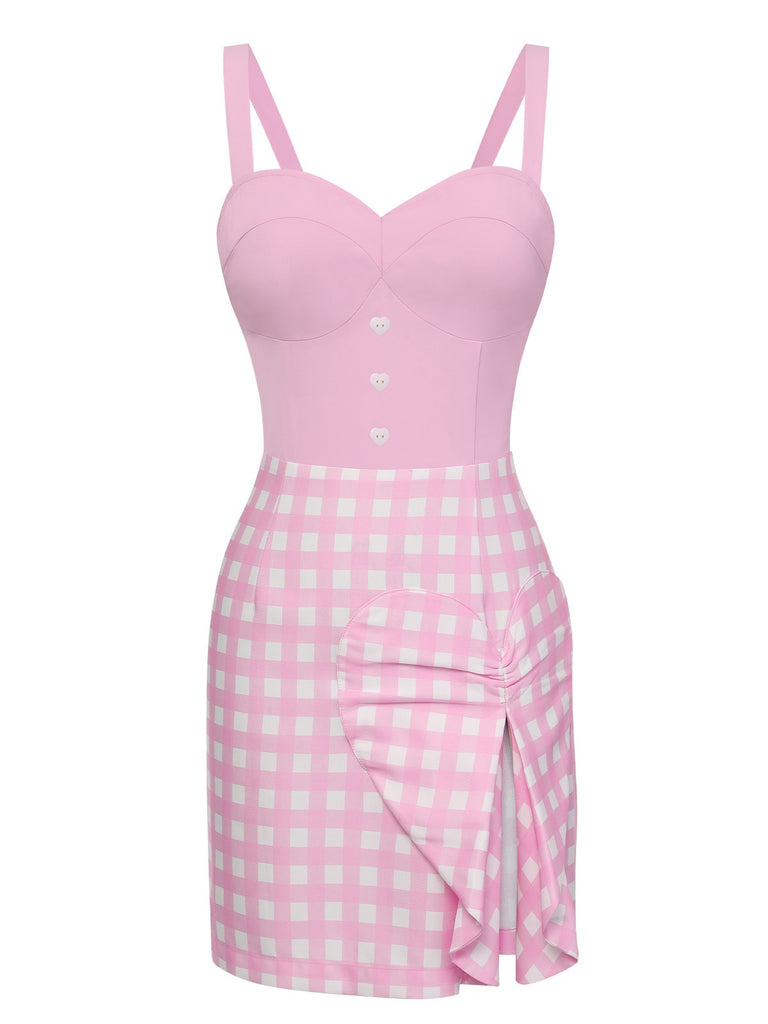 Pink 1960s Plaid Heart Slit Strap Dress