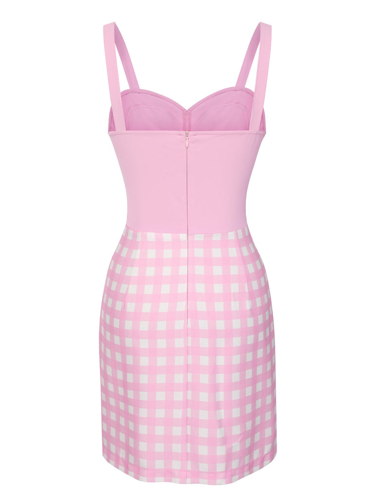 Pink 1960s Plaid Heart Slit Strap Dress