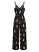 Black 1930s Feather Print Spaghetti Strap Jumpsuit