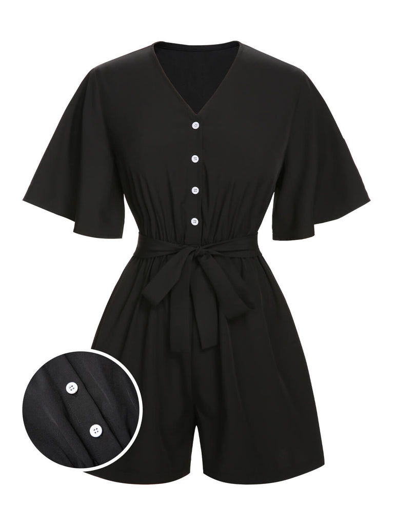 Black 1960s Solid Flare Sleeve V-Neck Romper