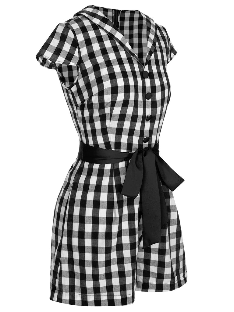 Black 1940s Lapel Plaids Belted Romper