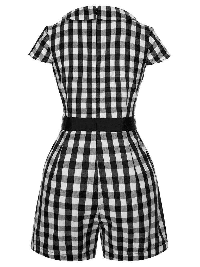 Red 1940s Lapel Plaids Belted Romper