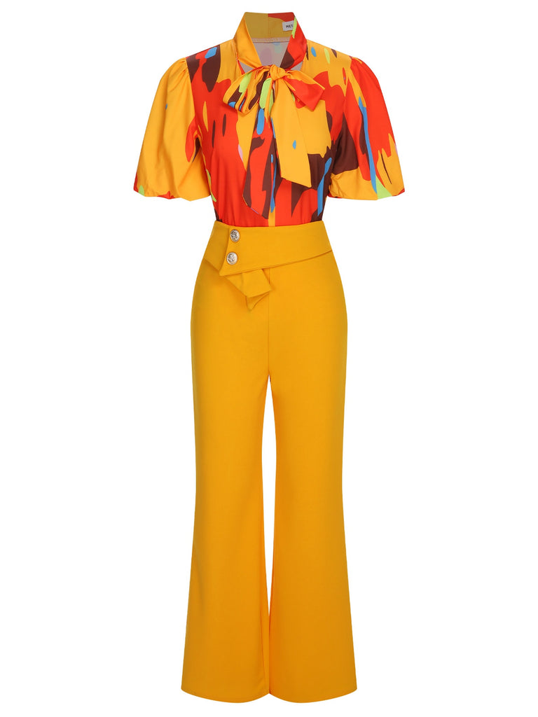 2PCS Yellow 1930s Tie Bow Colorblock Blouse & Bottons Pants