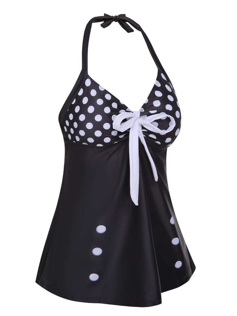 Black 1930s Halter Polka Dots Bow Swimsuit