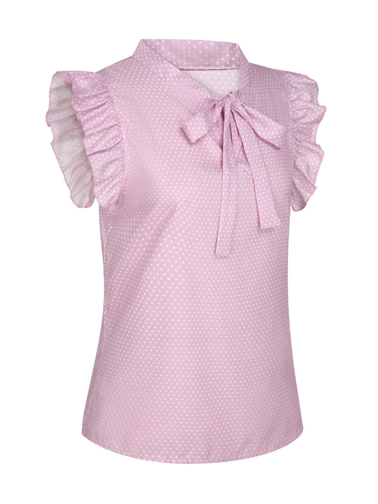 Pink 1960s Tie Bow Ruffle Sleeve Blouse