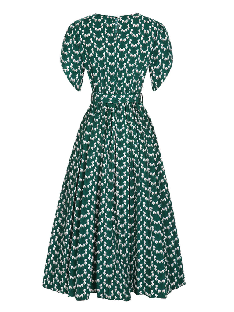 Green 1940s Floral Waist Tie Dress