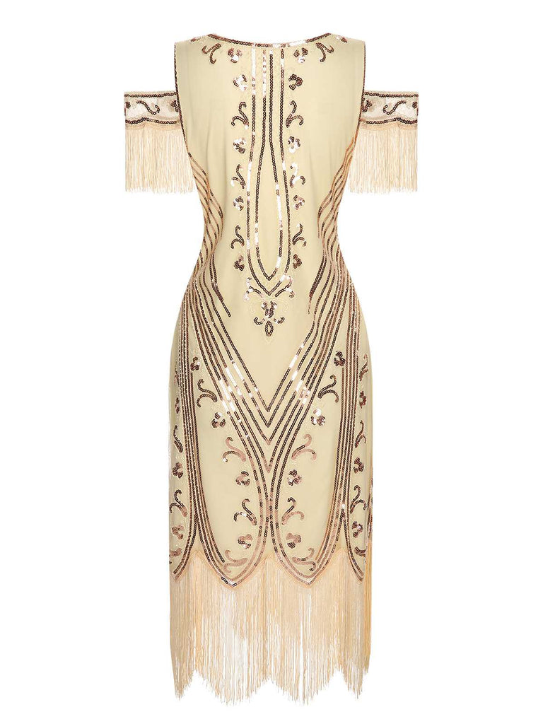 1920s Cold Shoulder Embroidered Fringe Sequins Dress