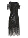 1920s Cold Shoulder Embroidered Fringe Sequins Dress & 6PCS Accessories