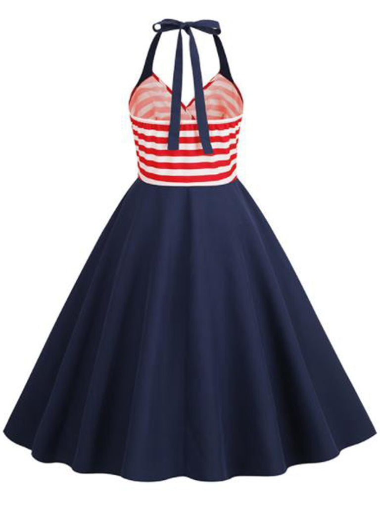 Dark Blue 1950s Red & White Stripes Halter Dress