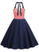 Dark Blue 1950s Red & White Stripes Halter Dress