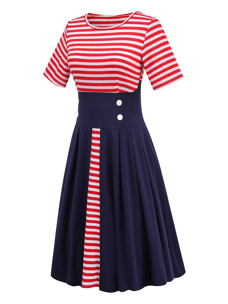 Red & Blue 1970s Stripe Patchwork Swing Dress