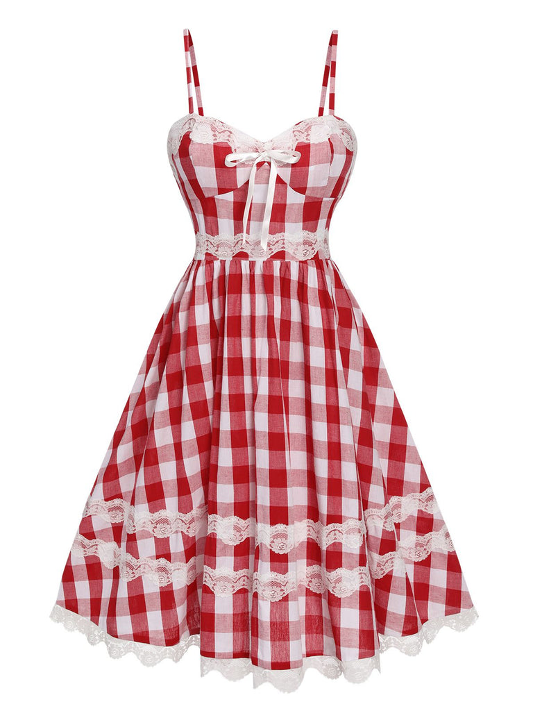 [Pre-Sale] Red 1950s Plaid Lace Bow Strap Dress