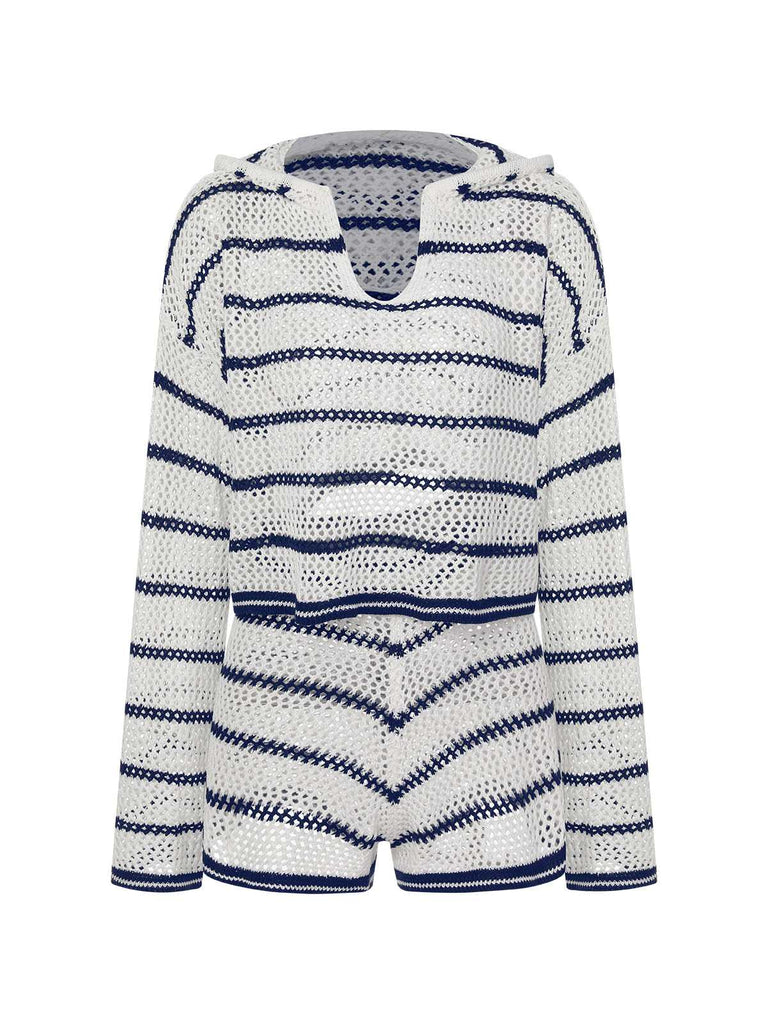 2PCS 1940s Knitted Hollow Stripes Hooded Top & Shorts