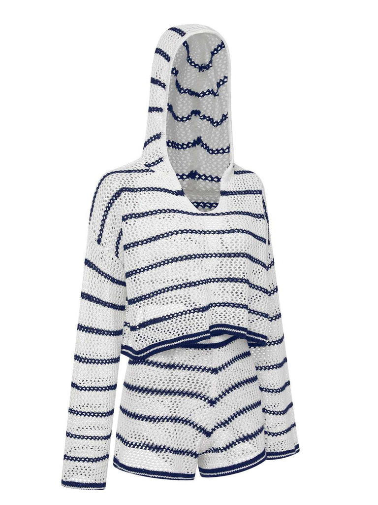 2PCS 1940s Knitted Hollow Stripes Hooded Top & Shorts