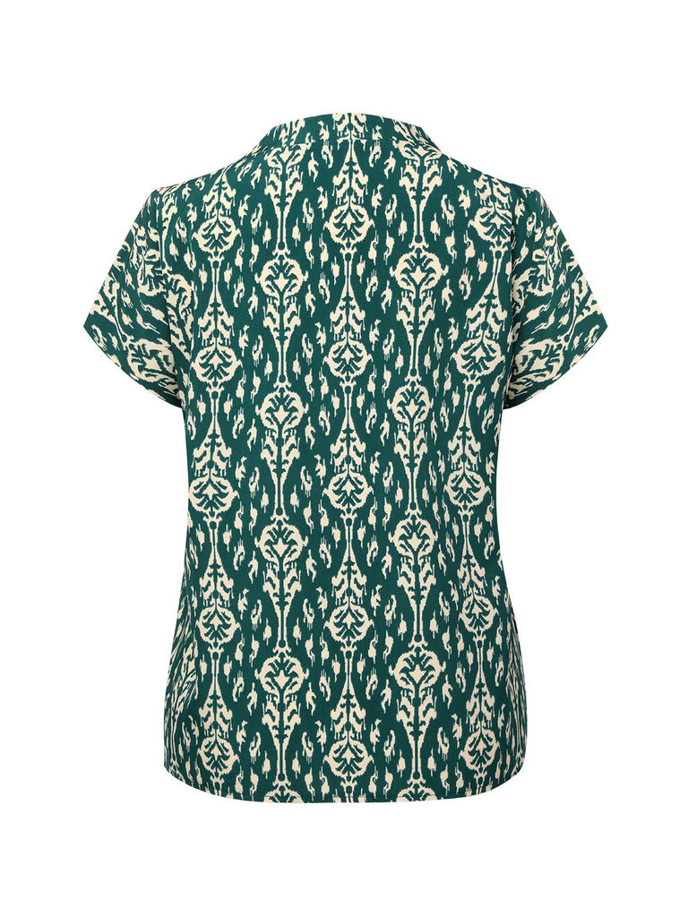 Green 1940s Vintage All-Over Print Blouse