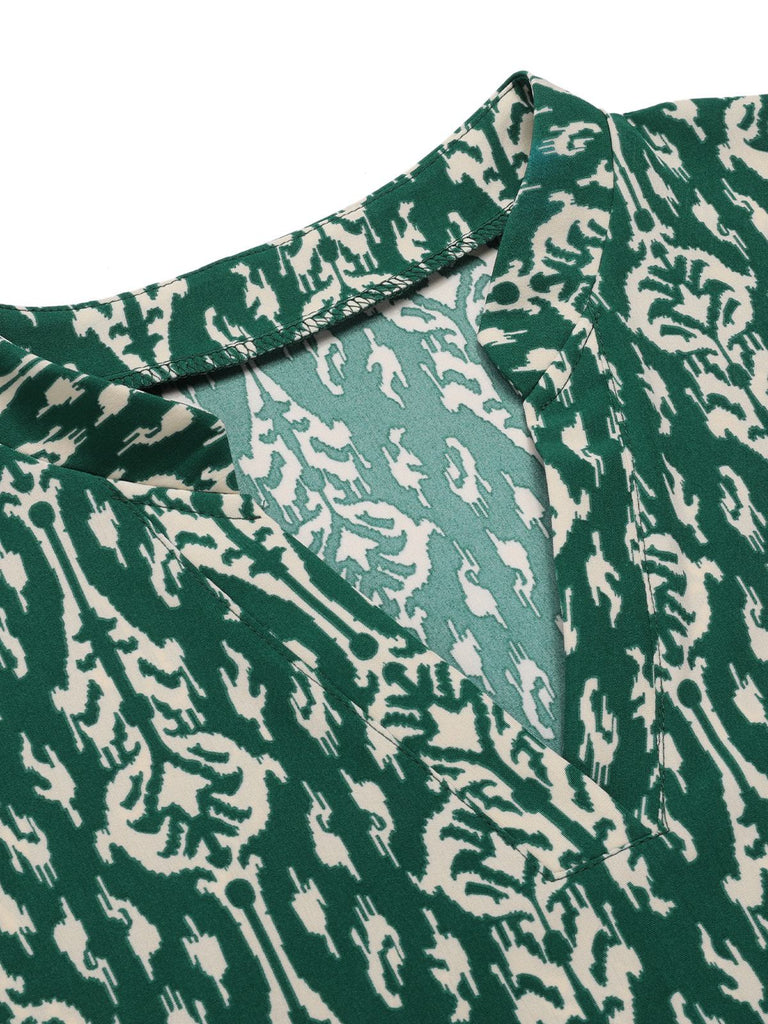 Green 1940s Vintage All-Over Print Blouse