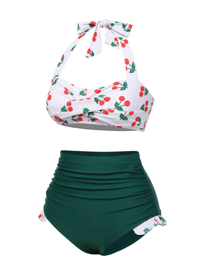 Green & White 1960s Cherry Halter Swimsuit