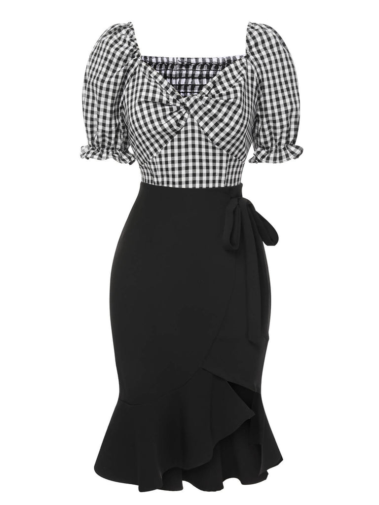 2PCS 1950s Black White Plaid Top & Ruffle Hem Skirt