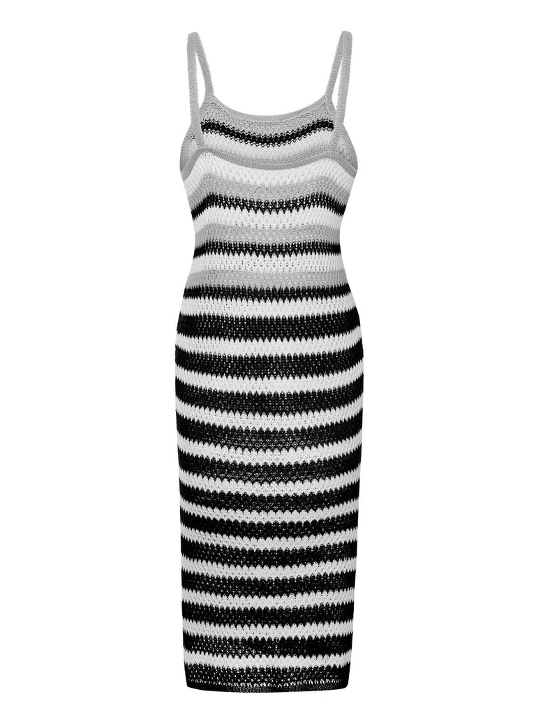 1960s Striped Knitted Spaghetti Straps Dress