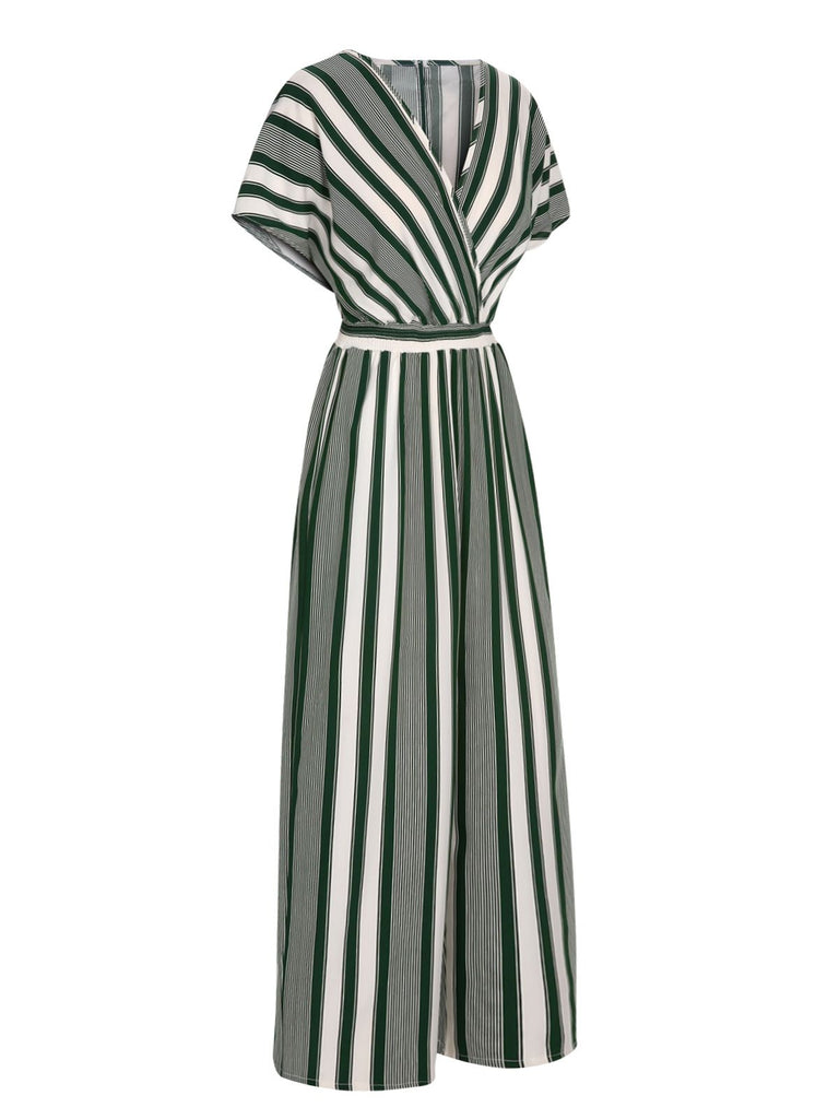 1970s V-Neck Contrast Stripes Jumpsuit