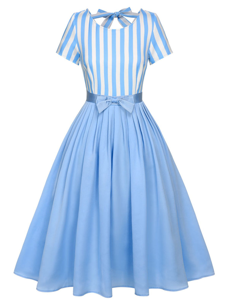 Blue 1940s Boat Neck Stripes Bow Dress