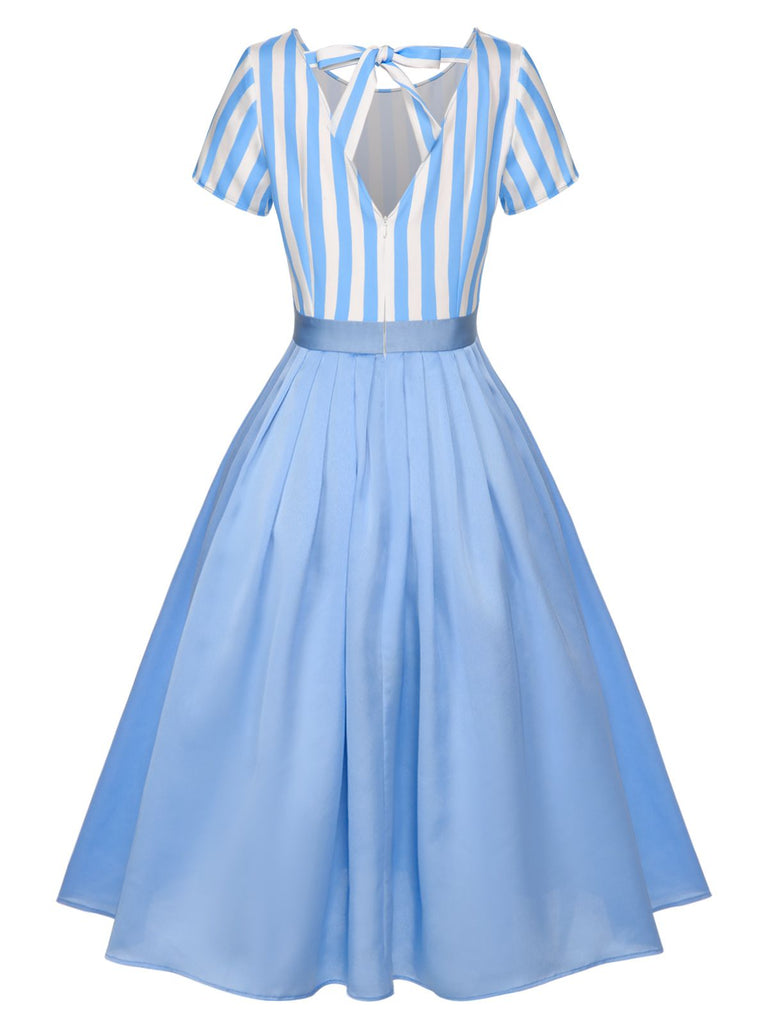 Blue 1940s Boat Neck Stripes Bow Dress