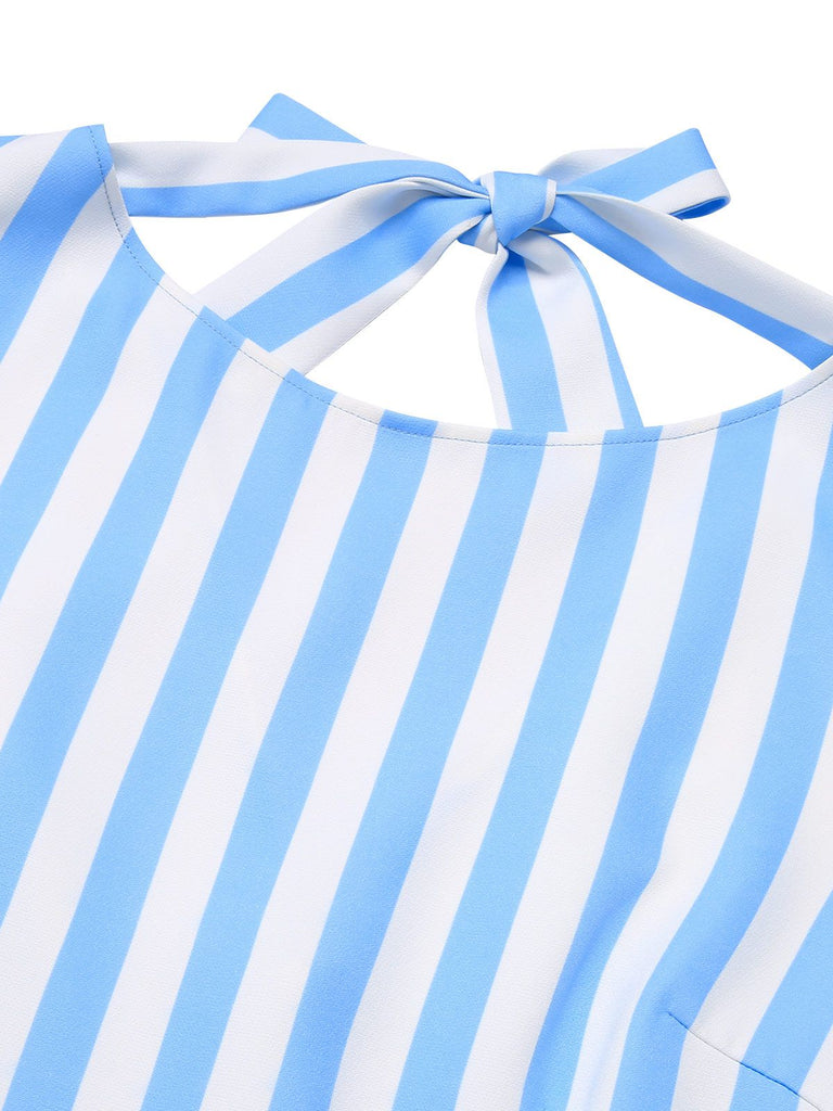 Blue 1940s Boat Neck Stripes Bow Dress