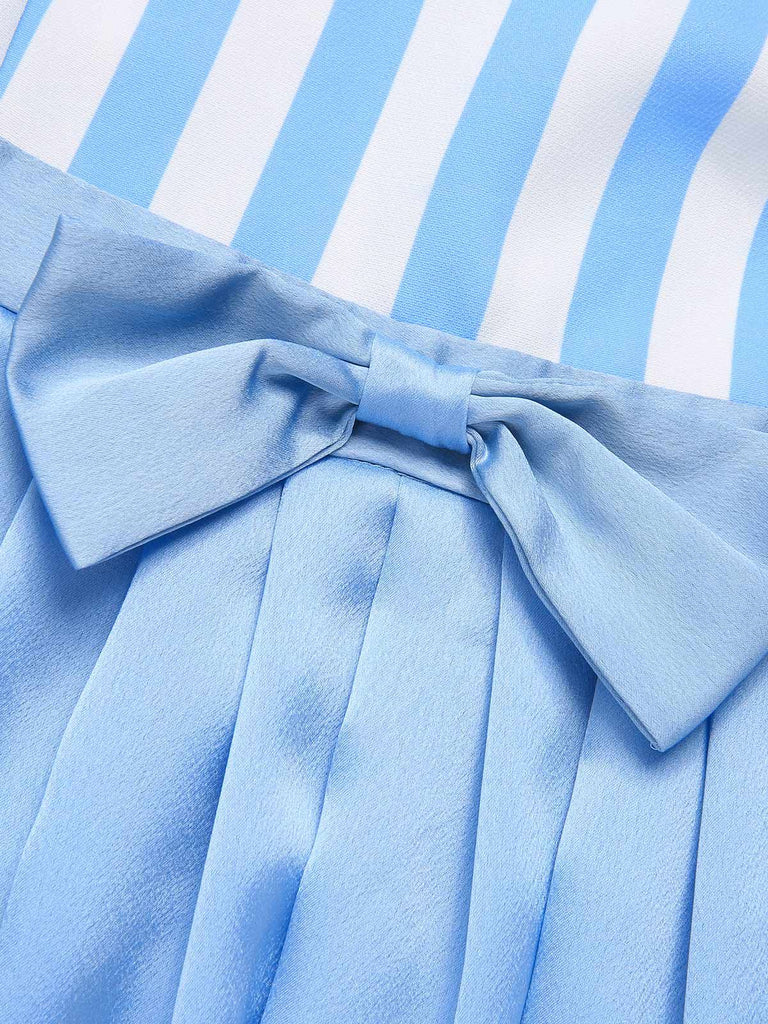 Blue 1940s Boat Neck Stripes Bow Dress