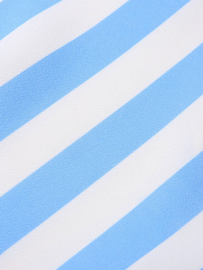 Blue 1940s Boat Neck Stripes Bow Dress