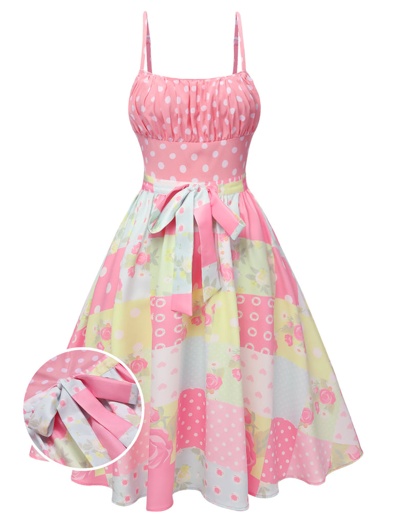 Pink 1950s Polka Dots Floral Patchwork Dress