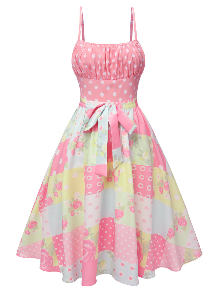 Pink 1950s Polka Dots Floral Patchwork Dress