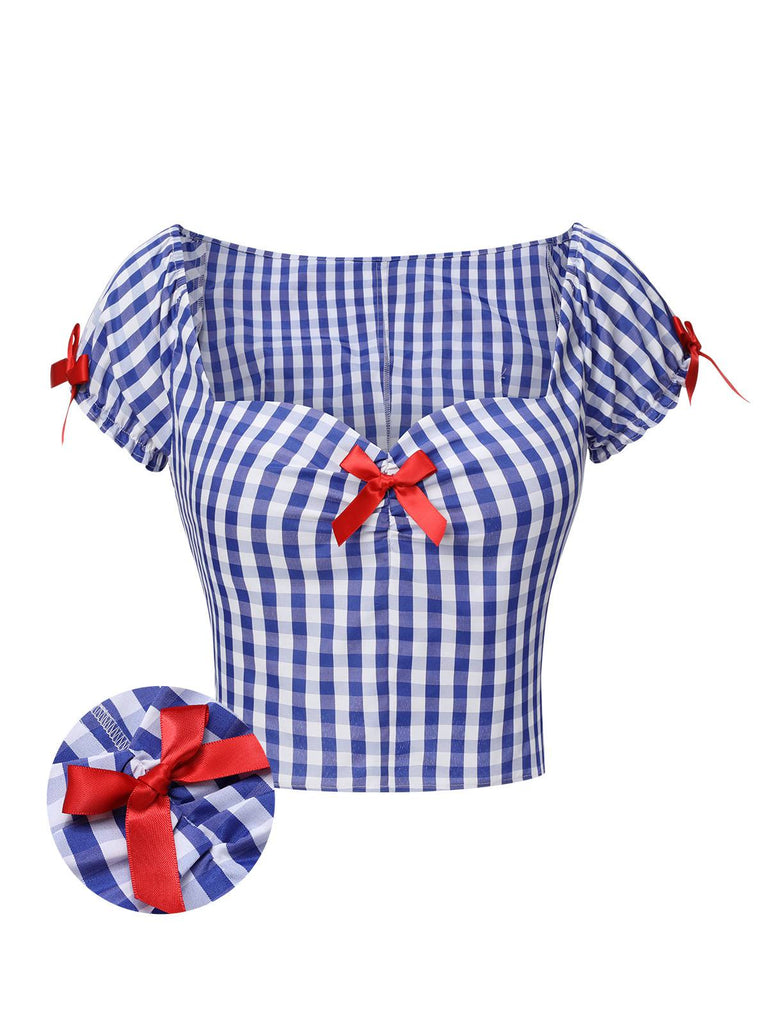 Blue & White 1950s Sweetheart Neck Plaid Top