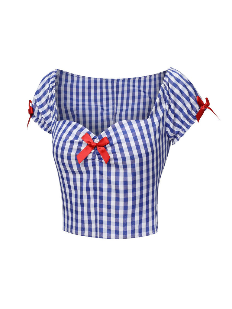 Blue & White 1950s Sweetheart Neck Plaid Top