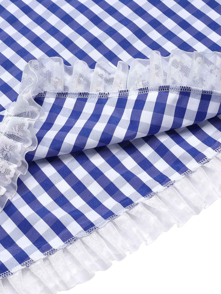 Blue & White 2PCS 1950s Plaid Top & Skirt