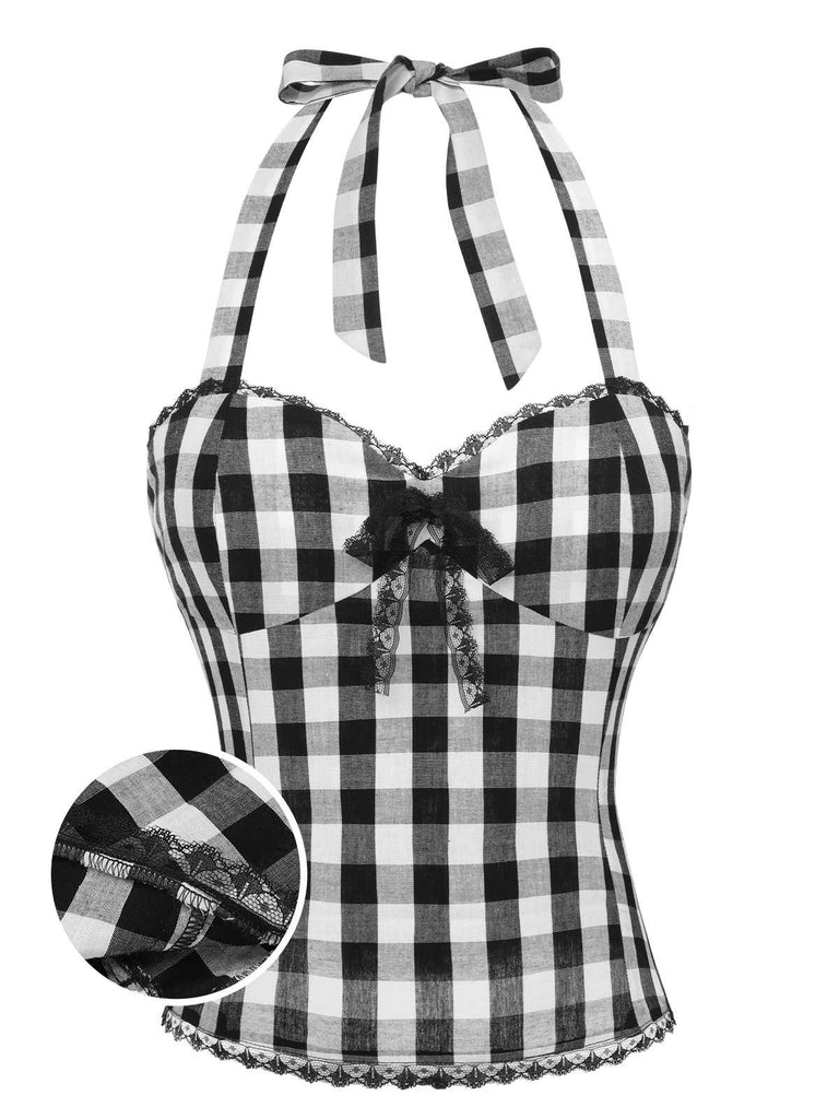 Black 1950s Plaid Halter Lace Bow Top