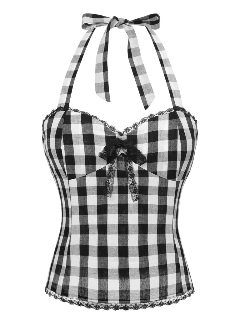 Black 1950s Plaid Halter Lace Bow Top