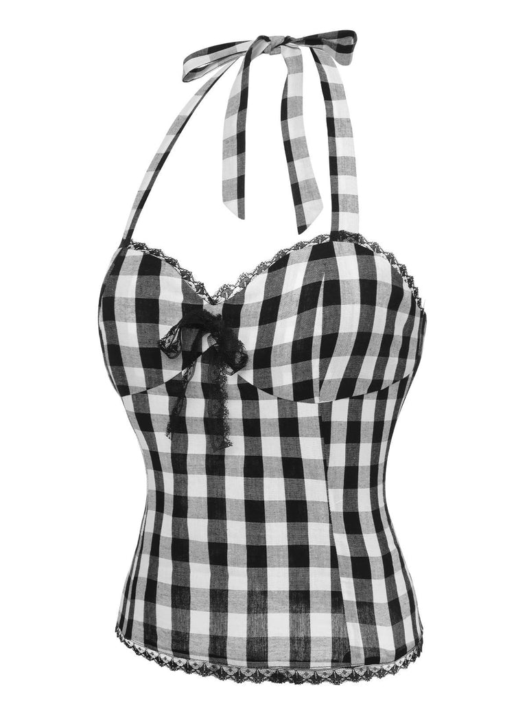 Black 1950s Plaid Halter Lace Bow Top