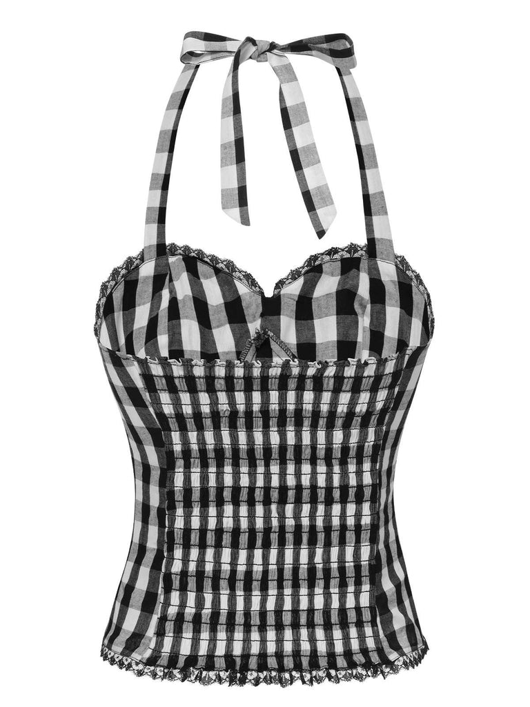 Black 1950s Plaid Halter Lace Bow Top