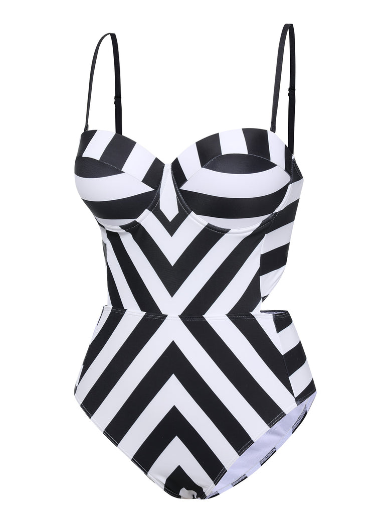 1960s Black White Contrast Stripes Swimsuit