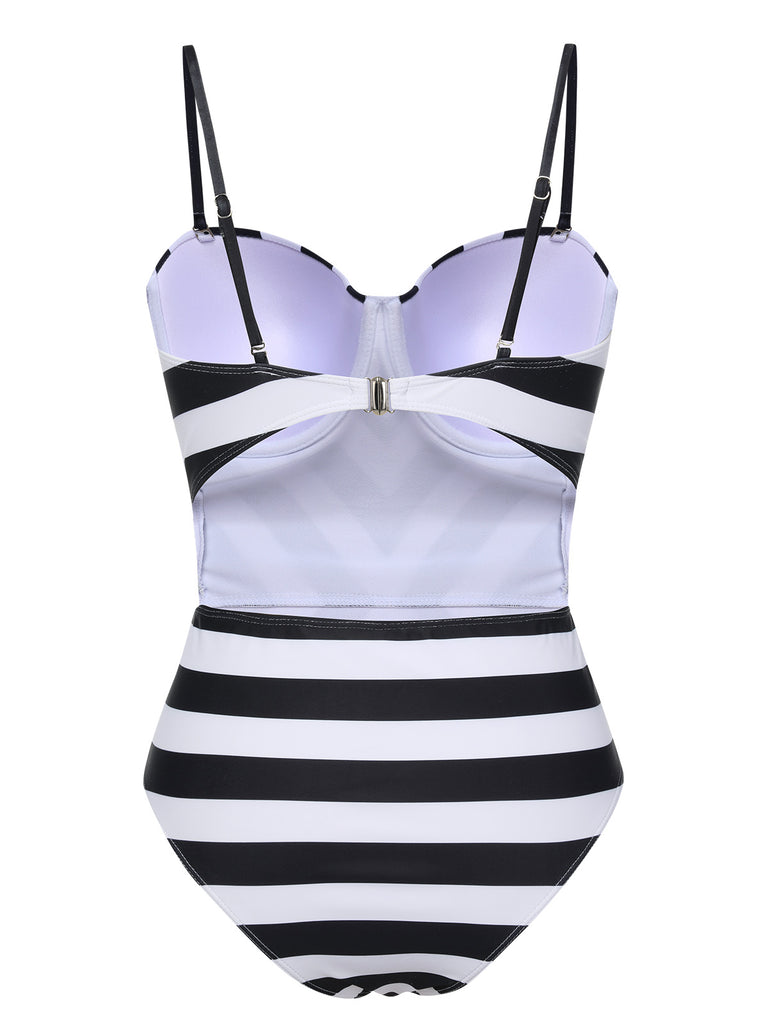 1960s Black White Contrast Stripes Swimsuit