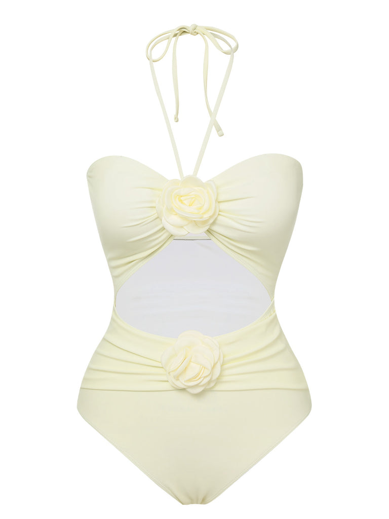 Beige 1930s 3D Flowers Halter One-Piece Swimsuit