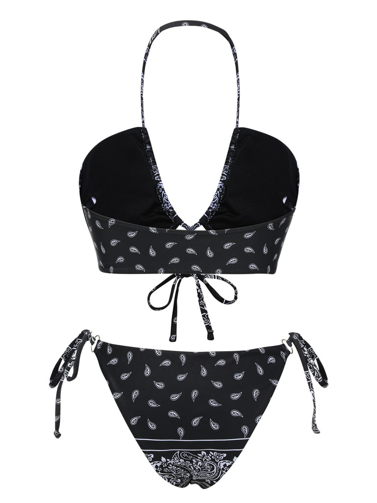 Black 1930s Cashew Flowers Lace-Up Bikini Set